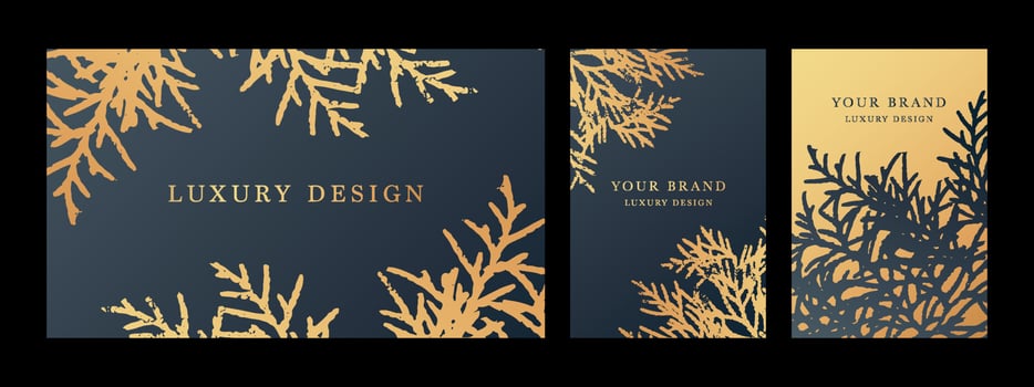 Texture. Luxury Corporate Holiday cards with Christmas tree. Cover design set with branchs branch. Holiday black and gold pattern for vector floral wedding party card, luxury menu template