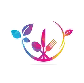 Healthy food logo template vector design with spoons, forks and green leaves