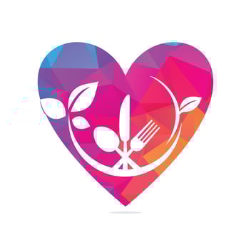 Healthy food heart shape concept logo template vector design with spoons, forks and green leaves.