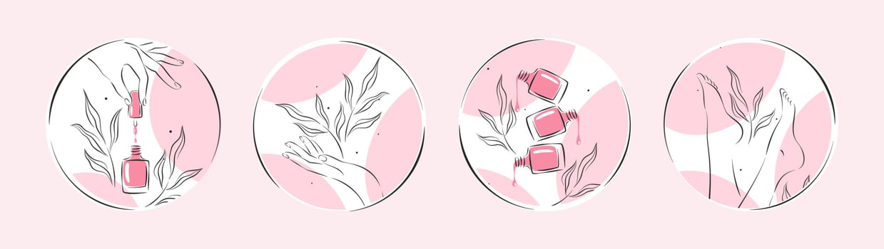 Set of icons for nail studio. Nail polish, nail brush, manicured female hands and legs. Vector illustrations