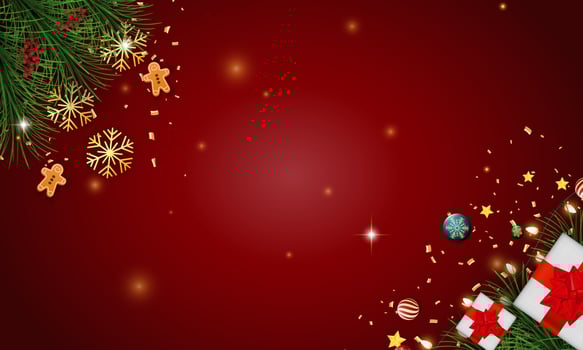 Merry Christmas and happy new year on red background. Merry Christmas with snowflakes and Christmas lights. Winter holiday decoration for Christmas and new year background. Vector illustration
