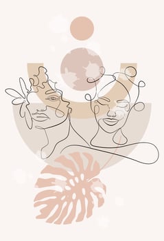 Vector portrait in minimalist style. Geometric shapes, leaves, female portrait. Hand-drawn abstract female print. Used for social media stories, beauty logos, poster illustrations.