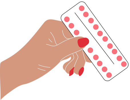 Illustration of hand holding birth control pills. Hand drawn style. png