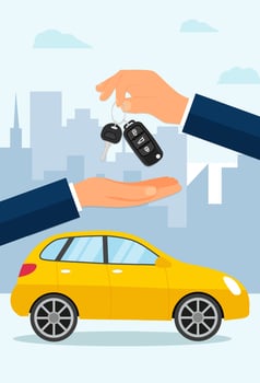 Buying A Car. Dealer, Buyer Hand. car showroom. Flat Vector Illustration.