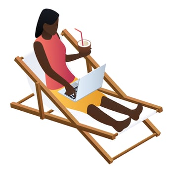 Woman at beach chair icon, isometric style vector