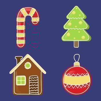 Christmas clipart in cartoon style. Decor elements candy cane, christmas tree, house, toy. Sticker set. Colorful vector illustration isolated on dark background.