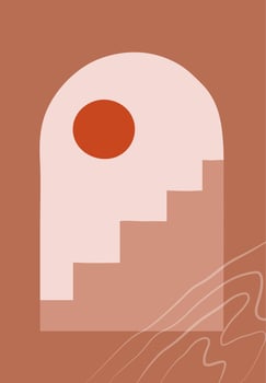 Minimalistic landscape in hand drawn flat style with staircase, arch and sun. Perfect for wall art in the style of mid century modern vector