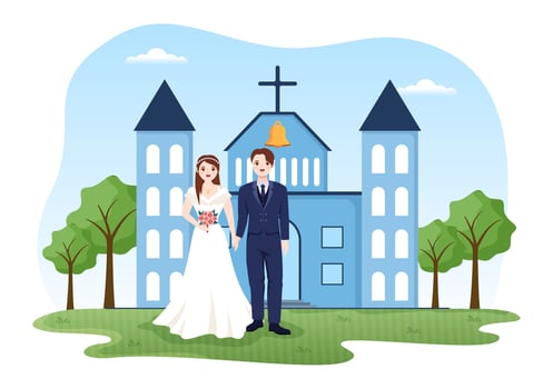 Wedding Ceremony in the Cathedral Catholic Church Building with the Happy Couple in Flat Cartoon Hand Drawn Template Illustration vector