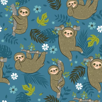 Seamless pattern with sloths and tropical leaves. Vector graphics.
