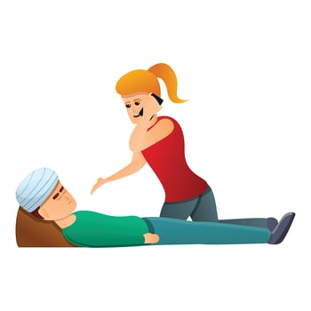 Girl call medical help icon, cartoon style vector