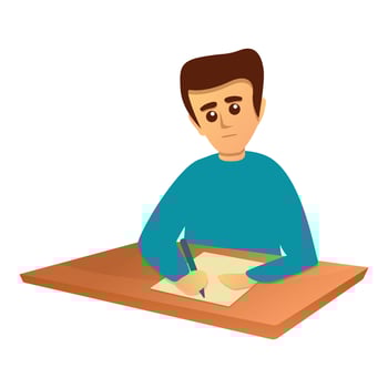 Boy writing exam test icon, cartoon style vector
