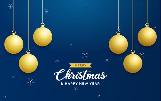 Christmas blue background with hanging shining golden balls. Merry christmas greeting card. Holiday Xmas and New Year poster. web banner vector