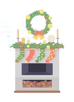 Decorating fireplace for cozy christmas night semi flat color vector object. Editable element. Full sized item on white. Festive simple cartoon style illustration for web graphic design and animation