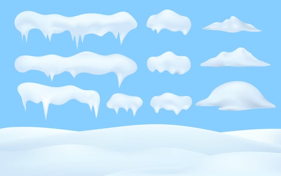 3d Winter snow, Christmas, snow texture, white elements, holiday snow decorations. Vector collection of snow caps, heap, icicles on blue sky background, ice, snowball and snowdrift.