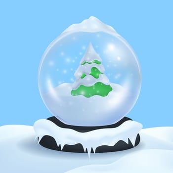 Winter background Happy New Year. Merry Christmas ball with green pine tree covered snow, on snowy landscape realistic 3d mockup. Holidays decorations glass globe. Vector illustration
