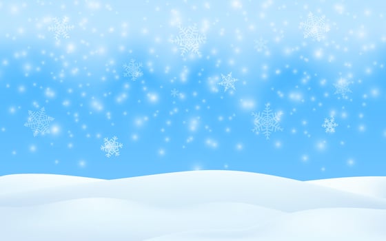 Winter season scene. Merry Christmas snow background. Vector 3d illustration glowing snowflakes falling. Winter landscape, blue sky, snowstorm. Empty space for product design.