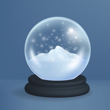 Blue background Happy New Year. Merry Christmas ball with snow and snowflakes, on studio scene, realistic 3d mockup. Holidays decorations glass globe. Vector illustration