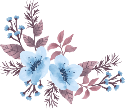 beautiful arrangement of blue flowers and brown leaves watercolor illustration png