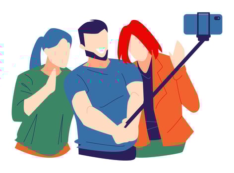 man and two women selfie, using phone camera and selfie stick. isolated on a white background. suitable for the theme of photography, lifestyle, technology, friends, etc. flat vector illustration