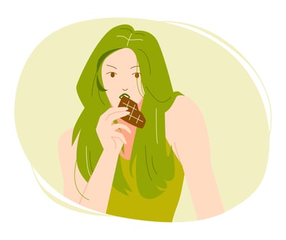 beautiful woman eating chocolate bar suitable for the theme of food, sweet, snack, print, etc. flat vector illustration