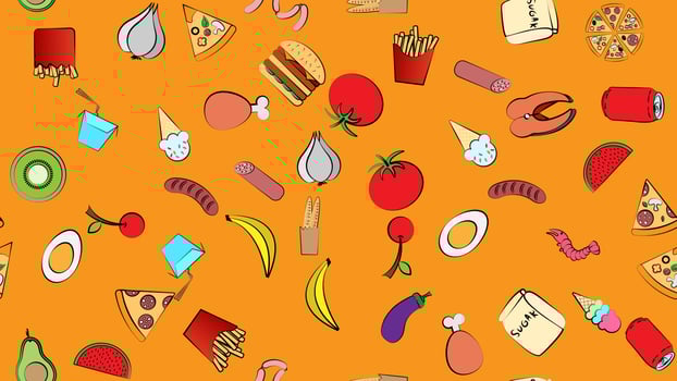 Endless yellow seamless pattern of delicious food and snack items icons set for restaurant bar cafe ice cream, burger, pizza, sausage, drink, egg, tomato, garlic, mango, watermelon. The background vector