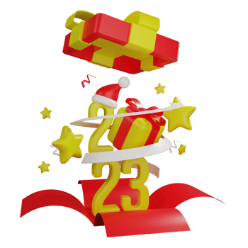 red open gift box with 2023 3d text stars santa hat and ribbon png