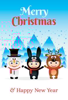 Merry Christmas and Happy New Year poster with kids in costumes Snowman, bunny and deer vector