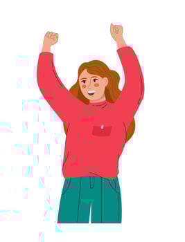 A beautiful woman rejoices and raises her hands up. Vector illustration flat style