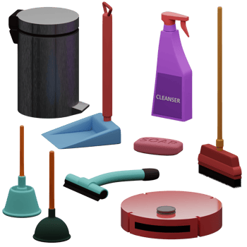 3d rendered home cleaning set includes broom, vacuum cleaner, trash bin, soap, dust bin, etc perfect for design project png
