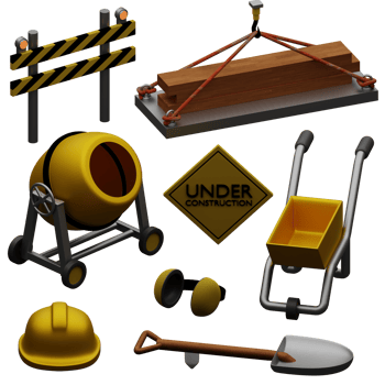 3d rendered construction set includes shovel, helmet, crane, under construction sign, cement mixer, etc perfect for design project png