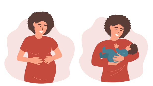 A pregnant woman and with a newborn baby in her arms. A happy mother expecting a baby. Vector graphics.