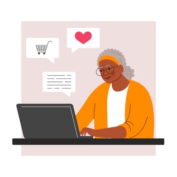 Happy arican black grandma with laptop. Seniors, online communication, shopping. Vector illustration with character