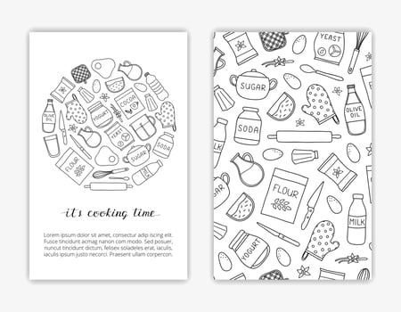 Card templates with doodle baking ingredients. vector