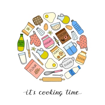 Doodle cooking, baking ingredients in circle. vector
