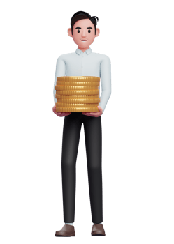 3d smart man boy in a blue shirt carry piles of gold coins png
