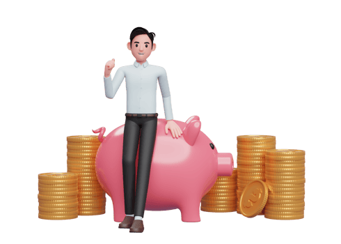 businessman in blue dress sitting leaning on pink pig piggy bank celebrating clenching hands png