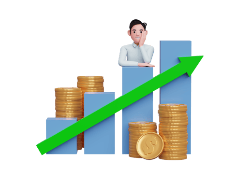businessman in blue shirt putting her chin in hand while leaning on bar chart Stock growth with up graph statistics arrow png