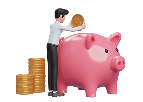 businessman in blue dress carefully keeps gold coins in pink piggy bank png