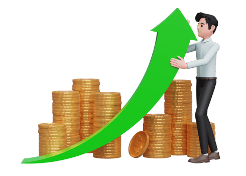 businessman in blue shirt deflect green arrow up with gold coin pile ornament png