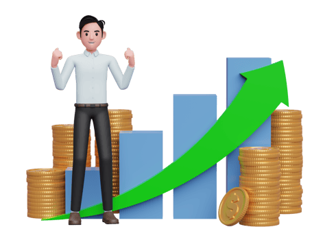 businessman in blue shirt celebrating with clenched fists in front of positive growing bar chart with coin ornament png