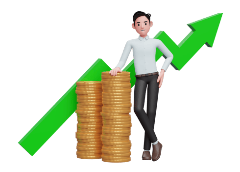 businessman in blue shirt leaning on pile of gold coins with growing statistics ornament on the back png