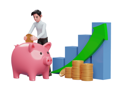 smart boy in blue dress saving gold coins into piggy bank with bar chart and green arrow up png