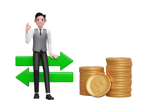 businessman in grey vest sitting on exchange rate ornament with hand gesture ok finger, 3d rendering of business investment concept png