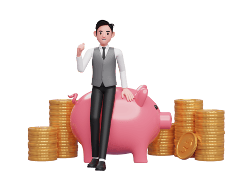 businessman in grey vest sitting on pig piggy bank and celebrating clenching hands, 3d rendering of business investment concept png
