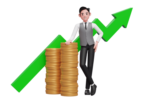 businessman in grey vest leaning on pile of gold coins with growing statistics ornament on the back png