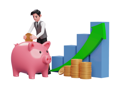 businessman saving gold coins into piggy bank with bar chart and green arrow up, 3d rendering of business investment concept png