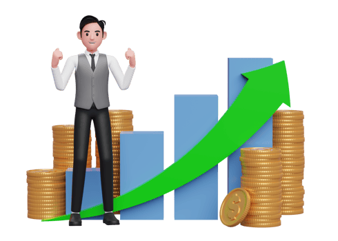 businessman in grey vest celebrating with clenched fists in front of positive growing bar chart with coin ornament, 3d rendering of business investment concept png