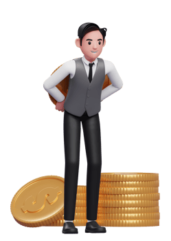 businessman in grey vest carrying a giant coin on his back, 3d illustration of a businessman in grey vest holding dollar coin png