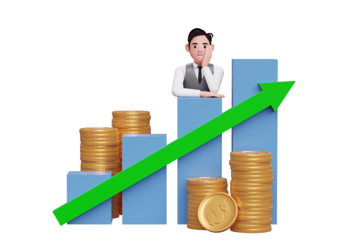 3d businessman in grey vest putting her chin in hand while leaning on bar chart Stock growth with up graph statistics arrow png