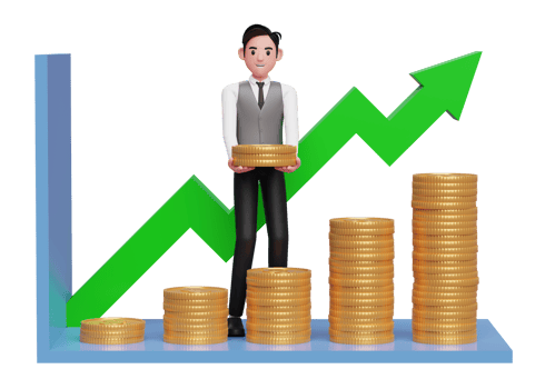 businessman in grey vest making statistical bar chart with pile of gold coins, 3d rendering of business investment concept png